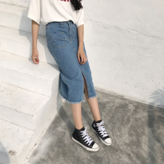 Rok Korea Fashion Style Di Bagian Panjang Pinggang Tinggi Rok Jeans Retro (Koboi Warna)