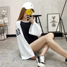 Longgar Korea Modis Gaya Siswa Lengan Panjang Atasan Sweter Tanpa Kancing Kasual Kaos Sweater (Pakaian Hitam Lengan Sabrina-Putih) baju Wanita Baju Atasan Kemeja Wanita