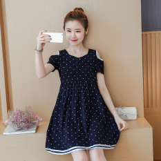 Longgar Korea Fashion Style Strapless Bagian Lengan Pendek Dan Panjang Gaun Baju Hamil Gaun (Biru Tua)