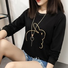 Longgar Korea Fashion Style Wanita Ukuran Besar Baju Dalaman Bordir Lengan Panjang Kaos (Hitam)