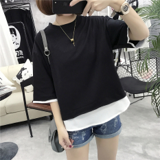 Longgar Korea Fashion Style Warna Solid Seolah-olah Dua Potongan Siswa Atasan T-shirt (Hitam) baju wanita baju atasan kemeja wanita