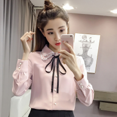 Longgar Korea Musim Semi Lengan Panjang Wanita dan Musim Gugur Putih Kemeja Jersey Rayon Kemeja (Merah Muda)