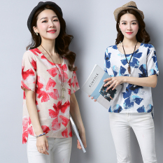 Longgar Lengan Pendek Dicetak Asia Kain Linen Atasan (Biru) baju wanita baju atasan kemeja wanita
