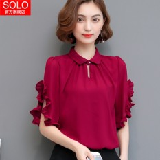 Longgar Lengan Bang Pendek Kerah Boneka Baju Dalaman Kemeja Jersey Rayon (Anggur Merah)
