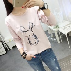 Xianyuansu Kaos Wanita Kasual Lengan Panjang Motif Kartun 3 Warna (183 (merah muda)) baju wanita baju atasan kemeja wanita