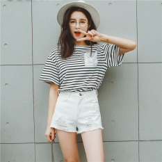 Celana Pendek Jeans Wanita Berlubang Pinggang Tinggi Ukuran Besar Trendi (Putih Celana Pendek Jeans Sobek) (Putih Celana Pendek Jeans Sobek)