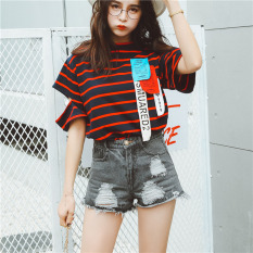 Celana Pendek Jeans Wanita Berlubang Ikat Tinggi Ukuran Besar Trendi (Rokok Abu-abu Celana Pendek Jeans Sobek) (Rokok Abu-abu Celana Pendek Jeans Sobek)