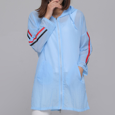 Longgar Pantai Warna Polos Perempuan Setengah Panjang Model Atasan Ruangan AC Baju Pelindung Matahari (Biru Langit Red And Hitam strip)