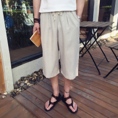 Longgar Pria XL Kain Linen Bahan Kain Celana 3/4 (Khaki)
