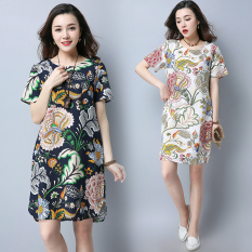 Longgar Retro Kain Linen Yard Besar Setengah Panjang Model Gaun Rok Cheongsam (Biru) baju wanita dress wanita Gaun wanita