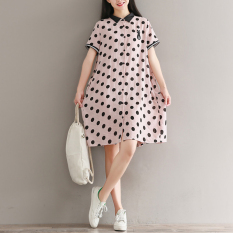 Longgar Sastra Kain Linen Baru Polkadot Lengan Pendek Gaun (Gambar Warna)