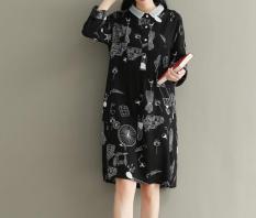 Longgar Sastra Kain Linen Dicetak Lengan Panjang Gaun (Hitam) baju wanita dress wanita Gaun wanita