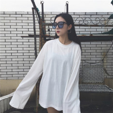 Longgar Sederhana Warna Polos Perempuan Musim Semi atau Musim Gugur Putih Baju Dalaman Kaos (Putih)