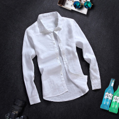 Kemeja Kain Linen Musim Gugur Baju Dalaman Nyaman Sepatu Linen Warna Polos Pria Lengan Panjang Longgar Lembut (Putih)