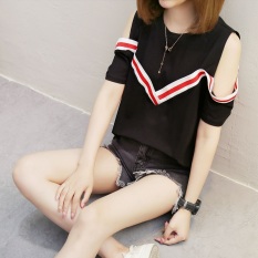 Kaos Wanita Versi Korea Seksi Model Sabrina Lengan Pendek (429 (hitam))