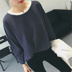 Kaos Oblong Wanita Lengan Panjang Garis-Garis Horizontal Versi Korea (983 (garis hitam)) (983 (garis hitam))