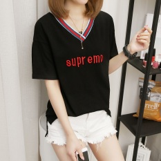 Kaos Wanita Klasik Lengan Pendek Kerah V Gaya Hongkong (435 (hitam))