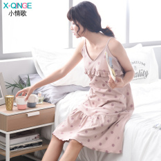 Longgar Wanita Katun Sederhana Ukuran Besar Baju Rumah Wanita Gaun Tidur (Sling Pasta Kacang Merah Titik Gaun)