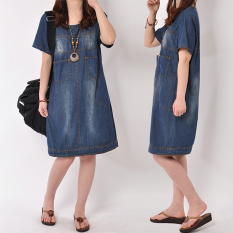 Longgar Korea Fashion Style Gerinda Tipis Denim Lengan Pendek Gaun Rok Denim (Cahaya biru) (Cahaya biru) baju wanita dress wanita Gaun wanita