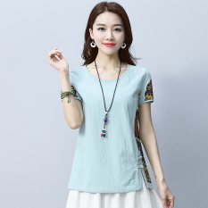 Longgar katun angin nasional yang baru pakaian wanita ukuran besar perempuan kemeja t-shirt (Biru) (Biru) baju wanita baju atasan kemeja wanita