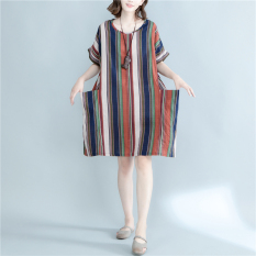 Gaun Wanita Lengan Pendek Bahan Linen Motif Salur Ukuran Besar Longgar (Hong bergaris) baju wanita