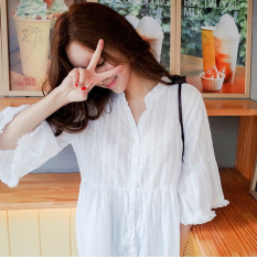 Longgar Korea Fashion Style musim semi dan musim panas v-neck katun kemeja (Putih) (Putih) baju wanita baju atasan kemeja wanita blouse wanita