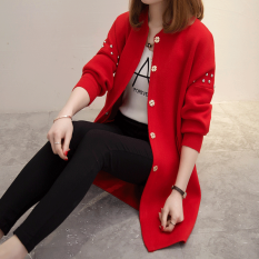 Longgar Warna Polos Perempuan Setengah Panjang Model Manik Lebih Tebal Merajut Kemeja Sweater On (Merah) Baju Wanita Baju Atasan