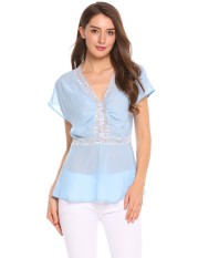Untuk Wanita Leher-v Lengan Pendek Renda Sifon Patchwork Ramping Pas Peplum Terbaik (Biru Muda)-Internasional