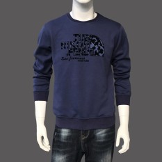 Luar Rumah Katun Warna Polos Ukuran Besar Pria Leher Bulat Kebugaran Kaos Sweater (Biru Tua)