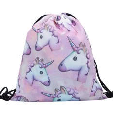 Lumiparty 3D Warna-warni Cetak Oxford Kain Bundel Mulut Ransel Tas Belanja Tas Penyimpanan Warna: ringan Merah Muda Unicorn Ukuran: 32*39 CM-Internasional