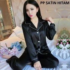 lunashop fashion baju tidur piyama satin hitam tangan panjang