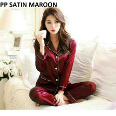 lunashop fashion wanita model satin warna maroon tangan panjang