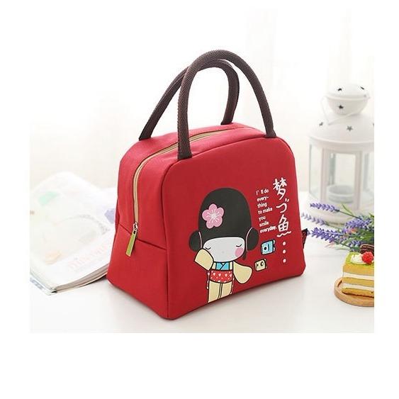 Lunch Bag Cooler Bag Motif gadis jepang merah marun Tas Bekal Makanan Panas Dingin atau Tas Asi