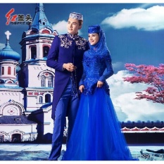 LWS Muslim Pria Sutra Satin Setelan Pernikahan Jubahs Beberapa Gaun Pernikahan (Warna: Biru) Satu Ukuran-Intl