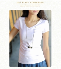 Likra Putih Perempuan V Leher Lebar Baju Dalaman Ramping Lengan Pendek Kaos (Putih Leher-v)
