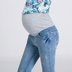 M-3XL Wanita Hamil Pakaian Sabuk Maternitas Jeans Celana untuk Wanita Muslim Celana (biru Muda)-Intl
