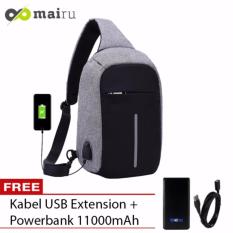 Mairu Tas Punggung Shoulder Bag Cross Body With USB Charger Support For Iphone Ipad Mini Samsung Tab Tablet 10'' Model XD Bobby Sling Bag - Grey + Free Acetech Power Bank 11000mAh Hitam