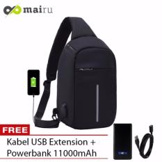 Mairu Tas Punggung Shoulder Bag Cross Body With USB Charger Support For Iphone Ipad Mini Samsung Tab Tablet 10'' Model XD Sling Bag Hitam + Free Acetech Power Bank 11000mAh Hitam
