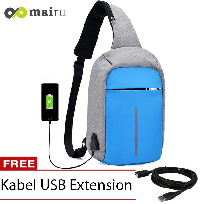 Mairu Tas Selempang Sling Bag Anti Maling Cross Body With  USB Charger Support  For Iphone Ipad Mini Samsung Tab Tablet 10'' Model XD Grey - Light BLue