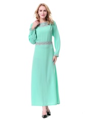 Malaysia Fashion Wanita Gaun Muslim Kebaya Lengan Gaun Panjang Maxi Gaun Sabuk Termasuk (hijau Muda)-Intl