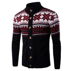 Pria Christmas Cardigan Sweater Musim Dingin Plus Ukuran Pria Sweater Lengan Panjang Kasual Jaket Sweter Rajut Mantel Knitwear (Hitam) -Intl