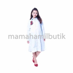 Mama Hamil Baju Hamil Muslim Dress Tunik Katun Bordir Bunga Cantik - Biru