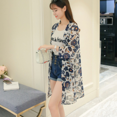 Manis Sifon Musim Semi Dan Musim Panas Baru Atasan Ruangan AC Baju Pelindung Terik Matahari (Sifon (Warna Dasar Putih Bunga Biru))