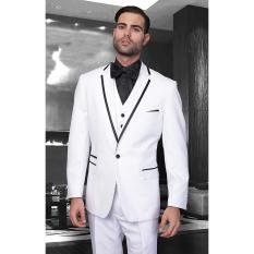Manzone - Stelan Jas, Vest dan Celana Elegant Untuk Nikah - Putih List Hitam