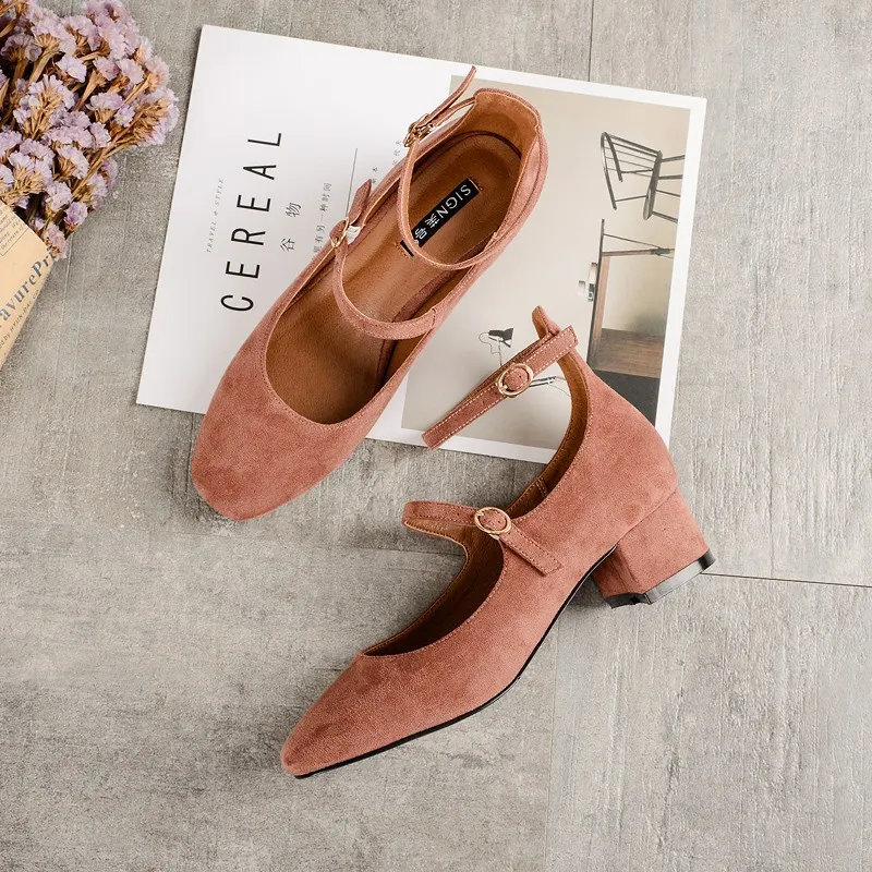 Harga mary jane perempuan gesper huruf yi with suede sepatu wanita sepatu warna pasta kacang merah