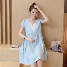 Maternity Dress Musim Panas Wanita Hamil Gaun Longgar Sederhana Temperamen Lengan Pendek Maternity Breathable (biru Muda)-Intl