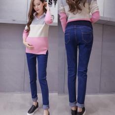 Maternity Jeans Lurus Kehamilan Celana Plus Ukuran Denim Jeans untuk Hamil Wanita Celana Kehamilan Pakaian Maternity Pakaian (DARK BIRU) -Intl