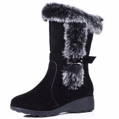 Max Collection Snow Boots Wanita Musim Dingin Scrub Benar-benar Bukti untuk Kelinci Rambut Belt Buckle Tabung Lengan Geser Wedges Sepatu Bot Wanita Boots (Hitam) -Intl