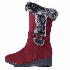 Max Collection Snow Boots Wanita Musim Dingin Scrub Benar-benar Bukti untuk Kelinci Rambut Belt Buckle Tabung Lengan Geser Wedges Sepatu Bot Wanita Boots (Merah) -Intl