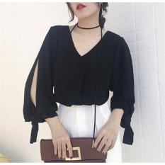 Media Fashion Shop - Baju Wanita Asia - Blouse Korea - Atasan Wanita - Black Blouse– Baju Santai Wanita Terbaru - Motif polos - Keren, Bagus, Laris,Murah - Bahan Twiscone – Lengan Panjang ,Warna hitam - Fit to L